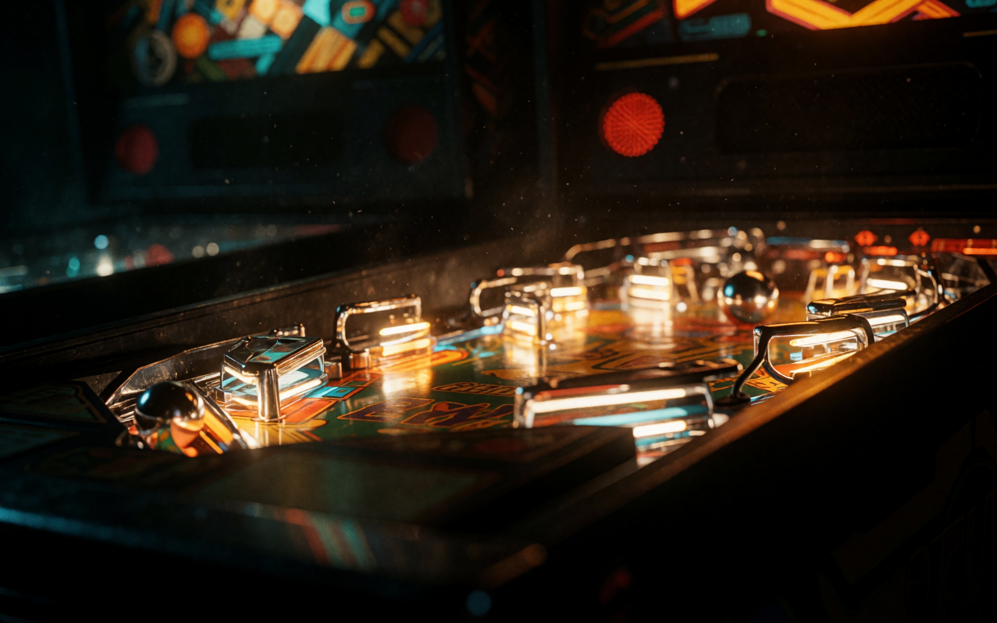 Two flippers backlit amber, a chrome ball resting at the tips