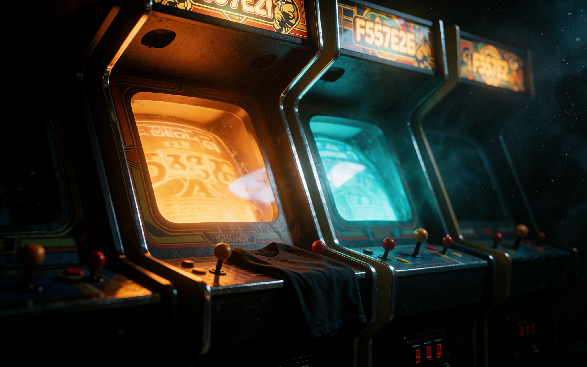 A dark word-only tee under arcade light